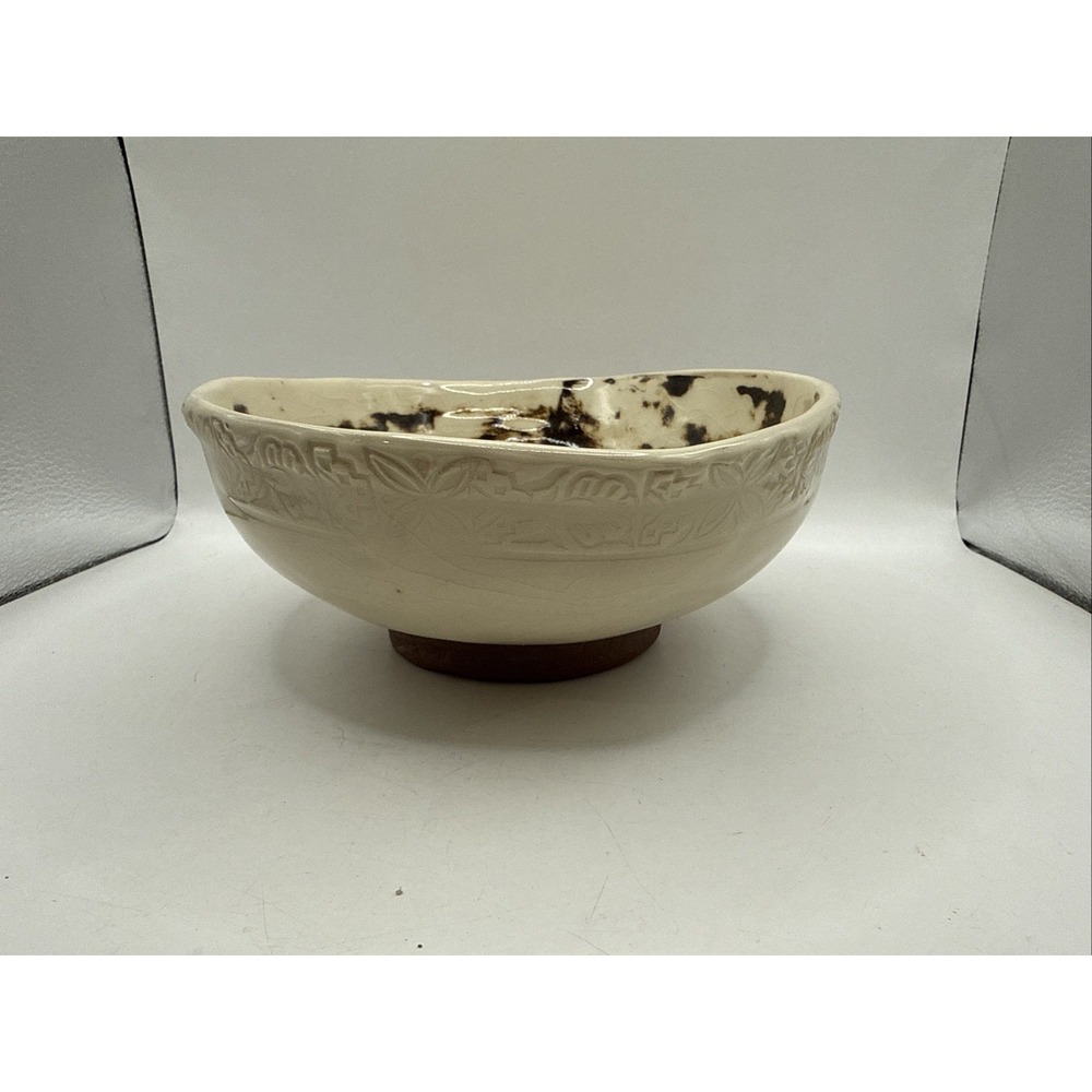 Signed Hand Crafted Art Pottery Bowl 3" Tall Cream Brown Tan Glazed Embossed
